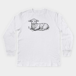 Sheep Sitting on grass hand drawn Kids Long Sleeve T-Shirt